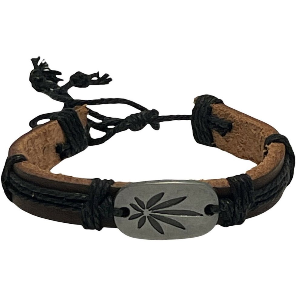 Rasta Brown Weed Pot Tobacco Leaf Genuine Leather Bracelet Adjustable